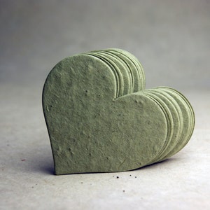Large Green Seed Paper Hearts 2.85"w x 2.5"h Wildflower Green Lotka Recycled Fibers 14s for Weddings or Events set of 24