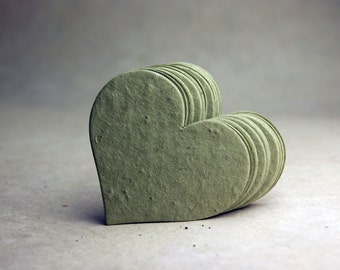 Large Green Seed Paper Hearts 2.85"w x 2.5"h Wildflower Green Lotka Recycled Fibers 14s for Weddings or Events set of 24