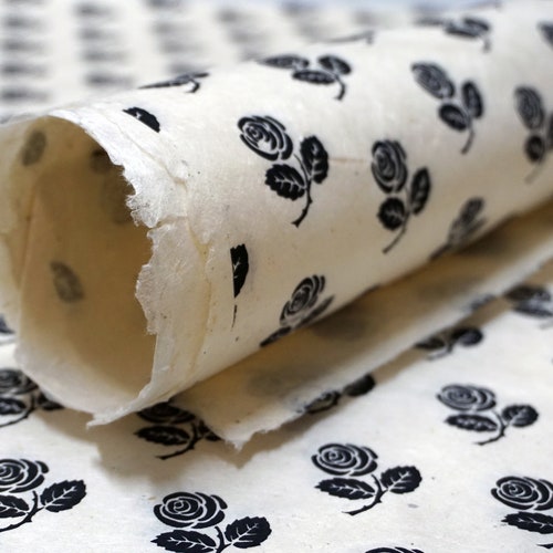 Black Rose Flower Print Handmade Lotka Nepal Wrapping Paper Etsy