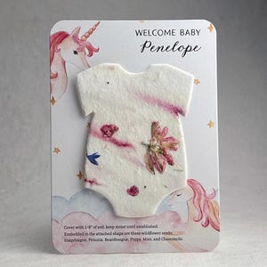 Custom, Personalized Baby Shower Favor - Card 3.5" x 4.875" With Seed Paper Bodysuit 2.5 x 3.25" - Choose Print and Paper Color - Set of 8