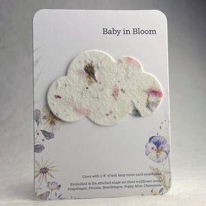 Baby in Bloom - Baby Shower Favor - Recycled Card 3.5" x 4.875" With Seed Paper Cloud 2" x 3"  - Choose Print and Paper Color - Set of 8