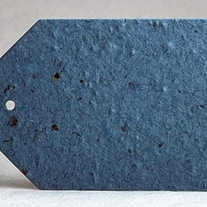 May include: A textured, blue gift tag with a rectangular shape and a pointed end. The tag has a small hole near the pointed end. The tag's surface has a speckled appearance.