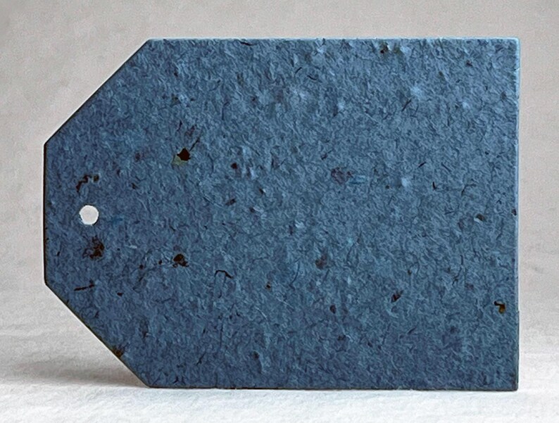 May include: A textured, blue gift tag with a rectangular shape and a pointed end. The tag has a small hole near the pointed end. The tag's surface has a speckled appearance.