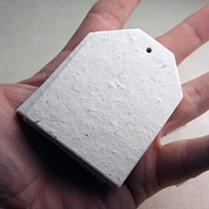 May include: A stack of blank, white, rectangular tags with a small hole at the top, held in an open hand. The tags have a textured surface and appear to be made of paper. The tags are stacked neatly, ready for use.