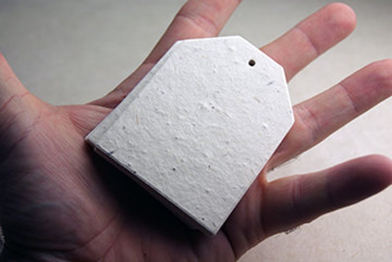 May include: A stack of blank, white, rectangular tags with a small hole at the top, held in an open hand. The tags have a textured surface and appear to be made of paper. The tags are stacked neatly, ready for use.