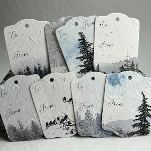 Seed Paper Gift Tags | Pacific Northwest Trees Holiday Art | 3.25" wide by 2.375" tall | Mixed Set of 8 | Planting Instructions on Reverse