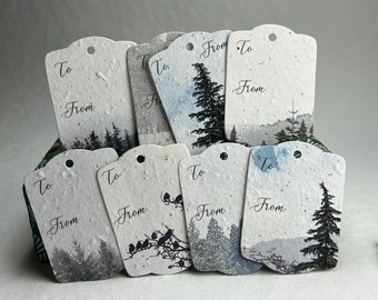 Seed Paper Gift Tags | Pacific Northwest Trees Holiday Art | 3.25" wide by 2.375" tall | Mixed Set of 8 | Planting Instructions on Reverse