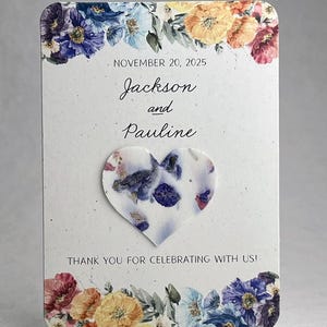 Custom Personalized Wedding Favor - Card 3.5" x 4.875" With Seed Paper Heart 1.5 x 1.75" - Choose Print & Seed Paper Color - Set of 8