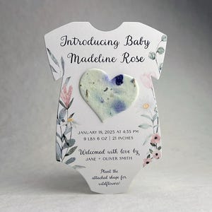 Custom, Personalized Birth Announcement - Bodysuit 3.5" x 4.875" With Seed Paper Heart 1.5" x 1.75" - Choose Print & Paper Color - Set of 8