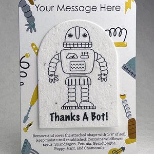 Custom, Personalized Party Favor - Card 3.5" x 4.875" With Seed Paper Card 2.5 x 3.25" - Mixed Set Fun Robots - Thanks a Bot! - Set of 8