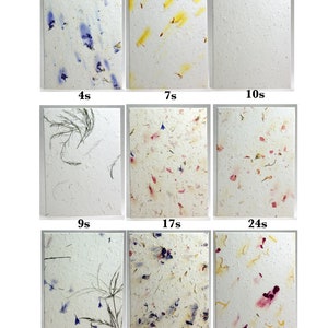 May include: Nine samples of handmade paper with different amounts of dried flowers and grasses embedded in the paper. The samples are labeled with the amount of time the paper was pressed for, ranging from 4 seconds to 61 seconds.