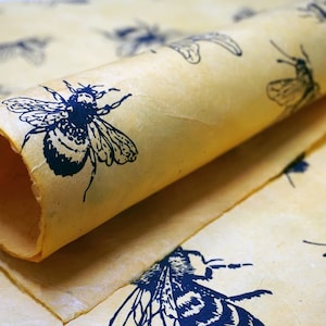 Bee Print - Yellow, Orange or Natural - Handmade Lotka Nepal Wrapping Paper - Gift Wrap - 3 sheets