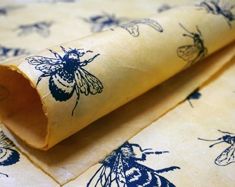 Bee Print - Yellow, Orange or Natural - Handmade Lotka Nepal Wrapping Paper - Gift Wrap - 3 sheets