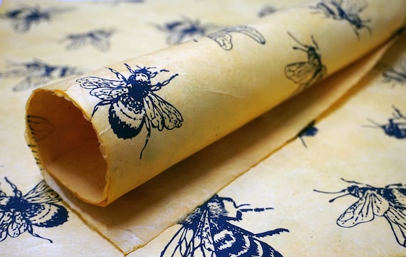 Bee Print - Yellow, Orange or Natural - Handmade Lotka Nepal Wrapping Paper - Gift Wrap - 3 sheets