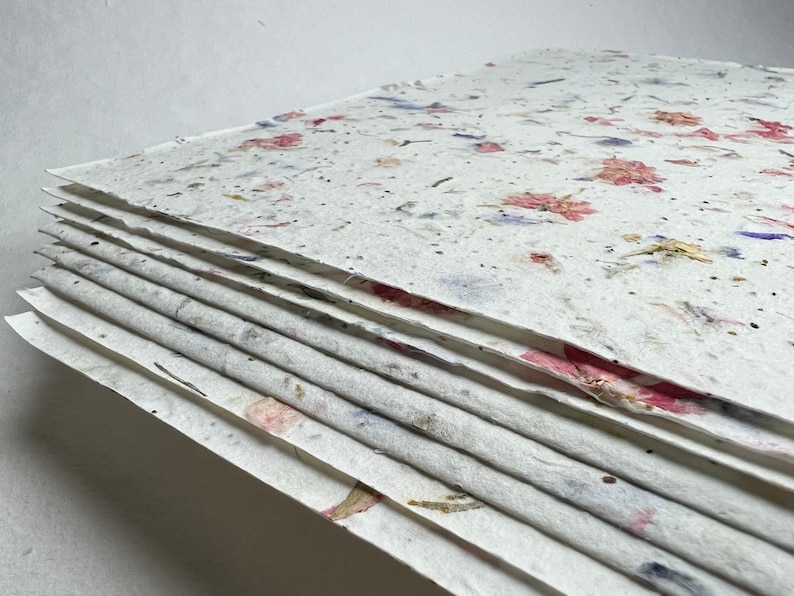 May include: A stack of handmade paper sheets with embedded dried flowers and petals. The paper is white with a subtle texture and features pink, blue, and yellow floral accents.