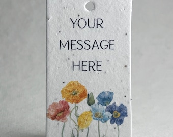 Custom, Personalized | Floral Watercolor Art | Wildflower Seed Paper | 3" by 2" | Gift Tags | Set of 16 with Planting Guide