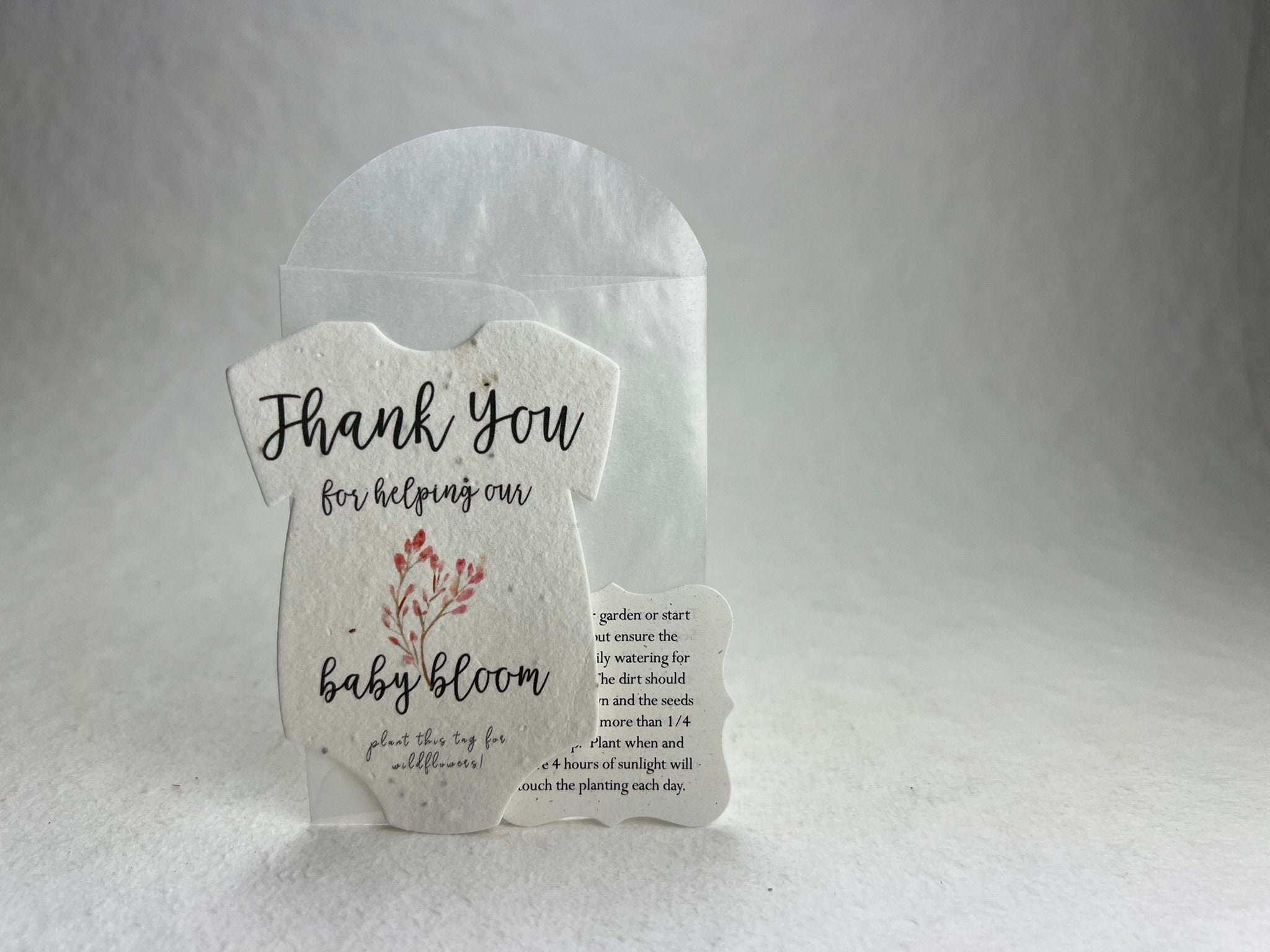 Infant Bodysuit Shape Thank You Baby Blooms Seed Paper 3&quot; x 2&quot; Wildflower Cotton with guides and envelopes - Pick your Flower