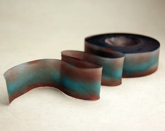 Hand Dyed Silk Ribbon - Brown Blue Aqua Blend 509 - 3 yards Bias Cut Length - Five Widths - 1/2", 5/8", 1", 1.5", 2.5"