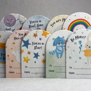 Whimsical Watercolor Children's Valentines - Handmade Wildflower Seed Paper - 2.4" x 3.25" Arch Shape - Set of 9