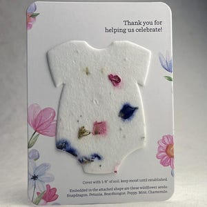 Thank You Celebration Baby Shower Favor - Card 3.5" x 4.875" With Seed Paper Bodysuit 2.5 x 3.25" - Choose Print and Paper Color - Set of 8