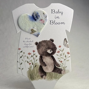 Baby in Bloom Baby Shower Favor - Bodysuit 3.5" x 4.875" With Seed Paper Heart 1.5" x 1.75" - Choose Print and Paper Color - Set of 8