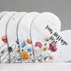 Custom Personalized Seed Paper Hearts - 2.5" x 2.85" - Wildflower Seeds - Poppy Art - Set of 18