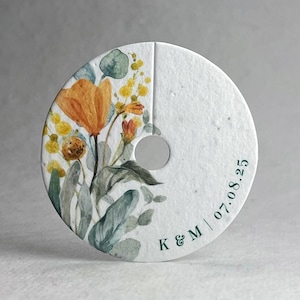 Custom Seed Paper Wine Glass Tag - Gift Tag - Handmade Paper - Wildflower Seeds - 3" diam. - Watercolor Florals - Wedding Favor - set of 12