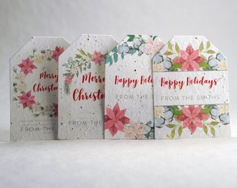 Custom, Personalized | Poinsettia Watercolor Art | Wildflower Seed Paper Tags | 2.5" wide by 3.375" tall | Holiday Gift Tags | Set of 16