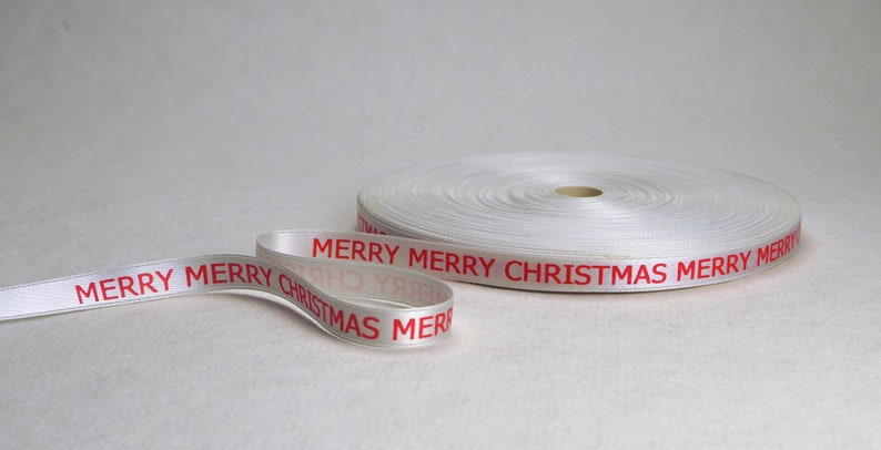 Holiday Decorating Merry Merry Christmas Print 3/8 inch Green, White or Red Double Faced Satin Ribbon White
