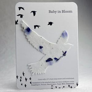 Baby in Bloom - Shower Favor - Recycled Card 3.5" x 4.875" With Seed Paper Bird 2.9" x 3" - Choose Print and Seed Paper Color - Set of 8