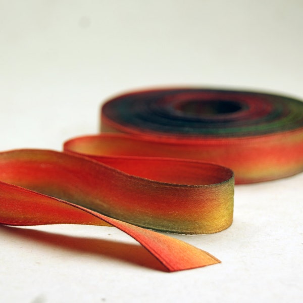 Woven edge double sided satin 5/8" 15mm 023 Orange Red Green 1 yard length of Hand Dyed Silk Ribbon
