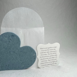 Large Blue Recycled Seed Paper Hearts 34s 2.85"w x 2.5"h with glassine envelope and planting guide set of 24