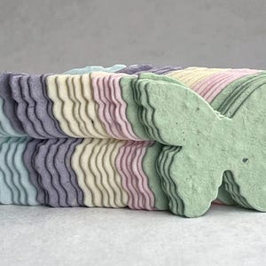 May include: Stacked, pastel-colored butterfly-shaped paper cutouts. The cutouts are in shades of blue, purple, yellow, pink, and green. The edges have a wavy pattern. The butterflies are stacked on top of each other.