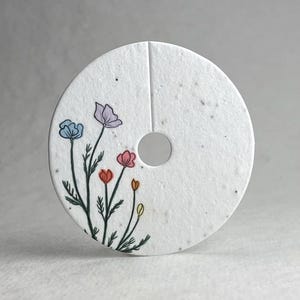 Seed Paper Wine Glass Tag - Gift Tag - Handmade Paper - Wildflower Seeds - 3" diameter - Watercolor Florals - Line Art - set of 12
