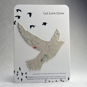 Let Love Grow - Event Favor - Recycled Card 3.5" x 4.875" With Seed Paper Bird 2.9" x 3" - Choose Print and Seed Paper Color - Set of 8