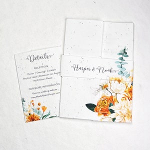 Custom Printed Handmade Seed Paper Invitation Suite - 7" x 10" folding to 5" x 7" Bifold, Belly Band, and Details Card