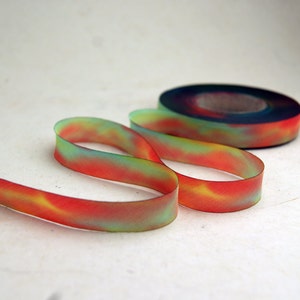 Hand Dyed Silk Ribbon - Red Orange Green Autumn Blend 023 - 3 yards Bias Cut Length - Five Widths - 1/2", 5/8", 1", 1.5", 2.5"