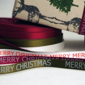 Holiday Decorating Merry Merry Christmas Print 3/8 inch Green, White or Red Double Faced Satin Ribbon image 7