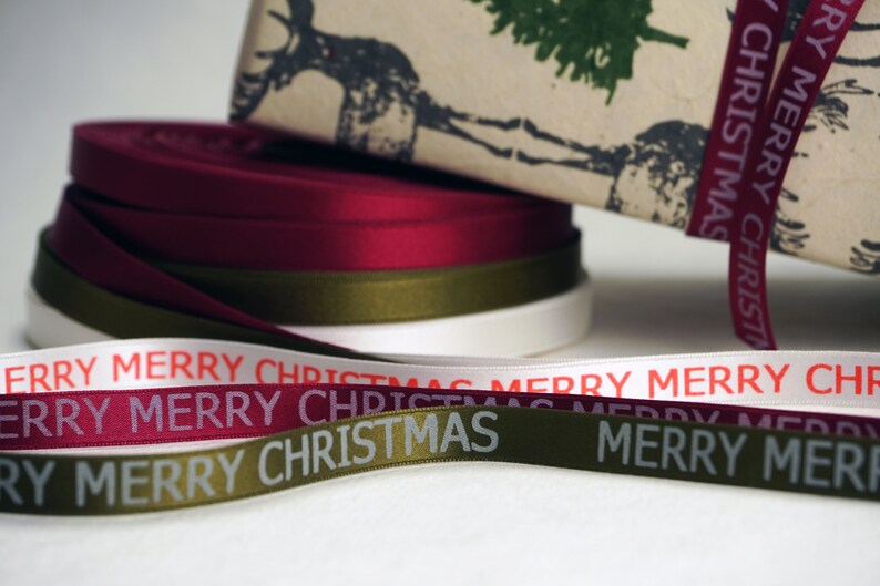 Holiday Decorating Merry Merry Christmas Print 3/8 inch Green, White or Red Double Faced Satin Ribbon image 7