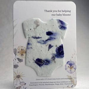 Thank You Baby Bloom - Baby Shower Favor - Card 3.5" x 4.875" With Seed Paper Bodysuit 2.5 x 3.25" - Choose Print and Paper Color - Set of 8