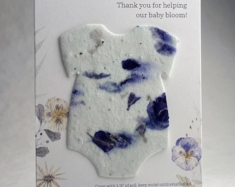 Thank You Baby Bloom - Baby Shower Favor - Card 3.5" x 4.875" With Seed Paper Bodysuit 2.5 x 3.25" - Choose Print and Paper Color - Set of 8