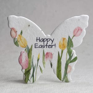 Happy Easter Watercolor Tulips Handmade Seed Paper Butterflies 3"w x 2.85"h Wildflower Seeds Set of 24 or 100