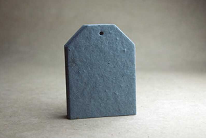 May include: A gray, tag-shaped object with a textured surface and a small hole at the top. The tag has a rectangular body with a slightly angled top, and it stands against a neutral background.