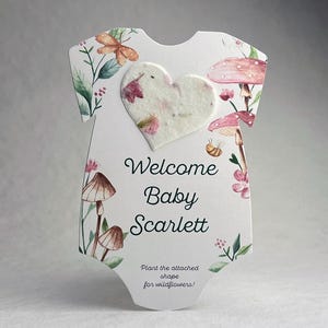 Custom, Personalized Baby Shower Favor - Bodysuit 3.5" x 4.875" With Seed Paper Heart 1.5" x 1.75" - Choose Print and Paper Color - Set of 8