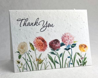 Thank You Watercolor Butterfly Garden - Wildflower Seed Paper - Handmade Blank Recycled Card - Set of 3 or 10