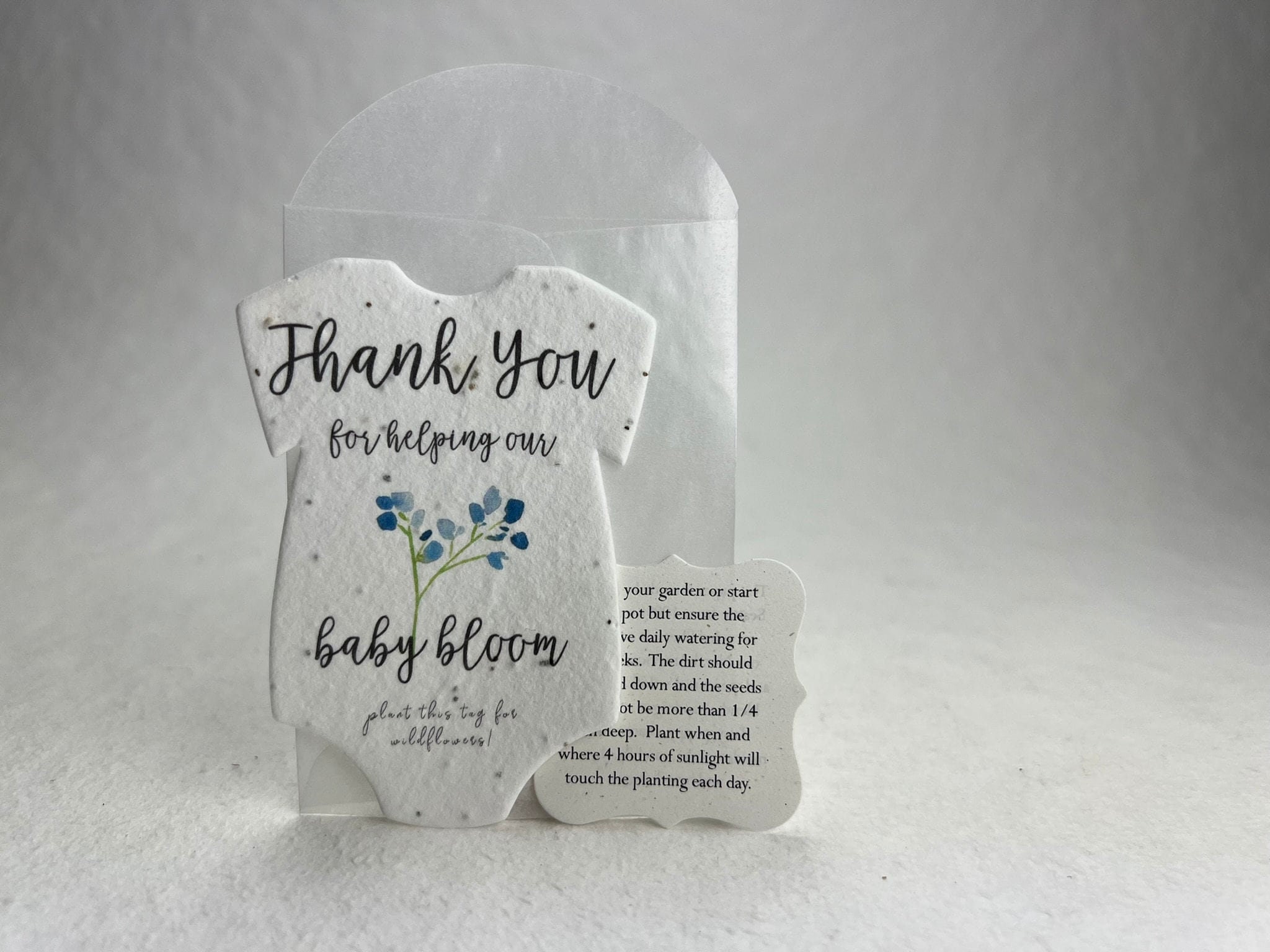 Infant Bodysuit Shape Thank You Baby Blooms Seed Paper 3&quot; x 2&quot; Wildflower Cotton with guides and envelopes - Pick your Flower