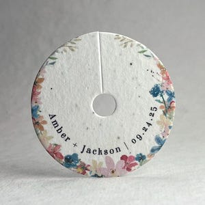 Custom Seed Paper Wine Glass Tag - Gift Tag - Handmade Paper - Wildflower Seeds - 3" diam. - Wedding Favor - Name and Date - set of 12