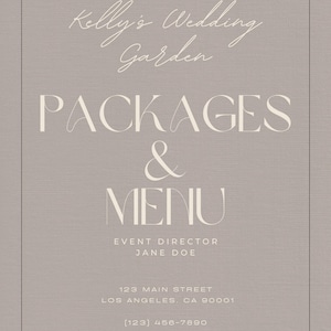 May include: A taupe informational sign featuring a green tree icon and the text Kelly's Wedding Garden, PACKAGES & MENU, EVENT DIRECTOR JANE DOE, 123 MAIN STREET, LOS ANGELES, CA 90001, (123) 456-7890, INFO@EXAMPLE.COM, and @YOURUSERNAME in white font.