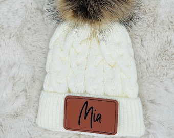 Personalized Baby Toddler Beanie, Custom Name Winter Hat, Custom Name Pom Beanie, Laser Engraved Name Hat