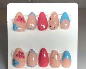 Unhas Postiças Florais de Primavera em Formato de Amêndoa | Unhas Florais | Unhas Amêndoa | Unhas Postiças | Unhas Decorativas | Unhas para Festa do Chá